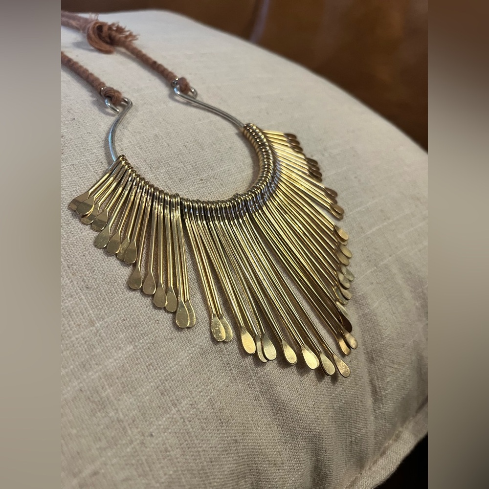 Artisan Boho Collar Necklace Brass Fringe Crescent Anthropologie Style - Picture 7 of 7